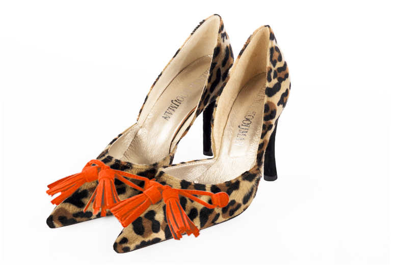 Safari black and clementine orange women's open arch dress pumps. Pointed toe. Very high slim heel. Front view - Florence KOOIJMAN